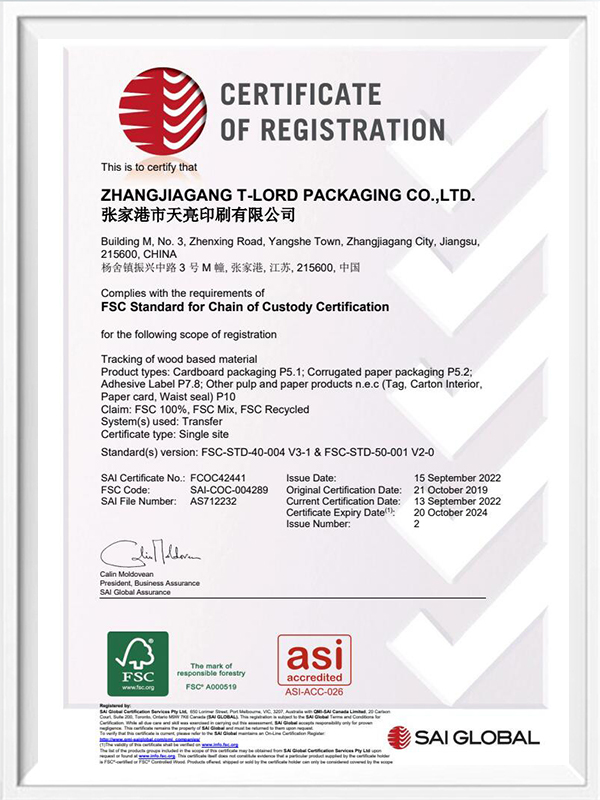 FSC T-LORD PACKAGING CO., LTD certifikater